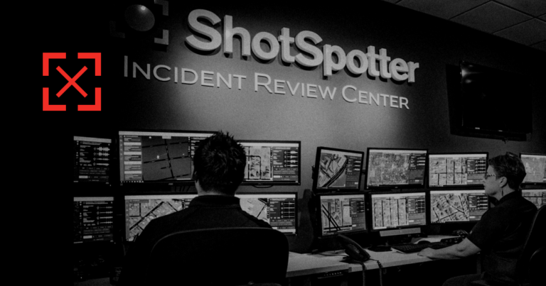 Black and white photo of a ShotSpotter Incident Review Center with a red X in the left corner.