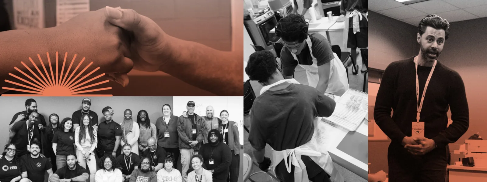 A collage showing a handshake with a sunburst design, a group photo of diverse people smiling, individuals working in an apron in a kitchen setting, and a man in a black shirt with a lanyard speaking.