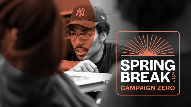 Person wearing a New York Yankees cap and glasses, involved in a conversation, with partial text reading "Spring Break with Campaign Zero" and a sunburst graphic on the right side.
