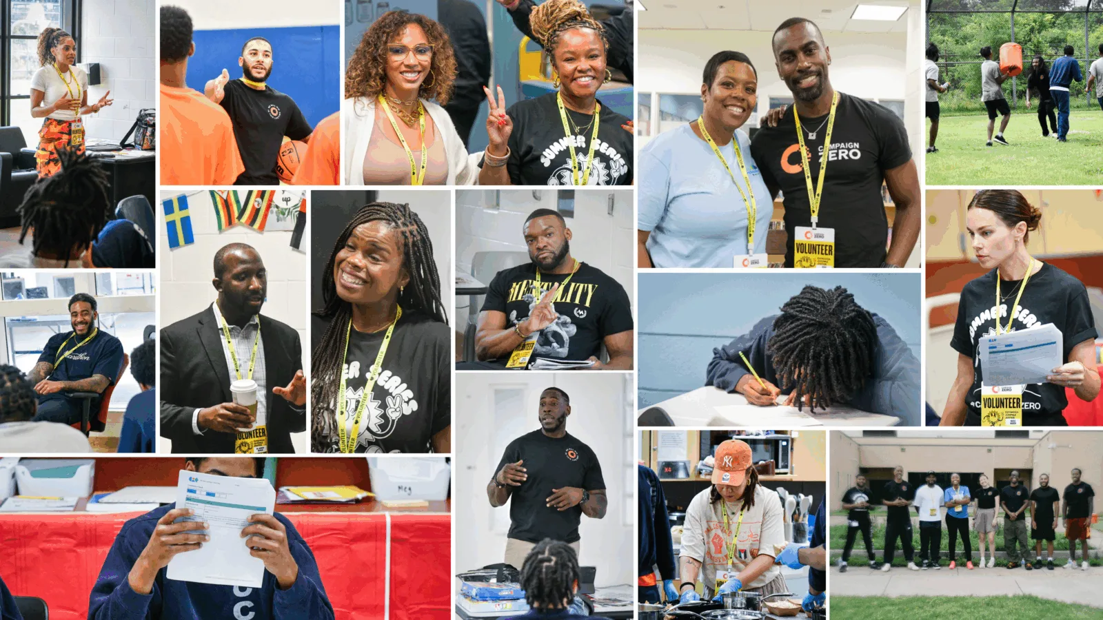 A collage of various people participating in educational activities, with individuals engaging in discussions, writing, and outdoor activities. Some are wearing volunteer badges, and there is a diverse mix of people involved in different settings, including classrooms and outdoor spaces.