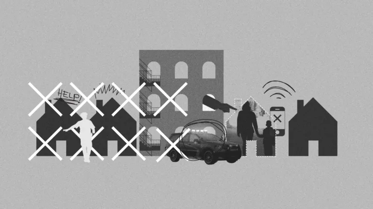 Black and white illustration depicting various barriers to finding help, including crossed-out houses, a person pointing, and a phone with an 'X' sign, symbolizing communication issues.